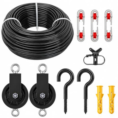 Hicarer 150ft Outdoor Clothesline Kit Black PVC Coated Galvanized Clothes Steel Line Pulley Kit with Clothesline Heavy Duty Nylon Pulley M10 Metal Hooks Winch Separator Clothes Line for Backyard