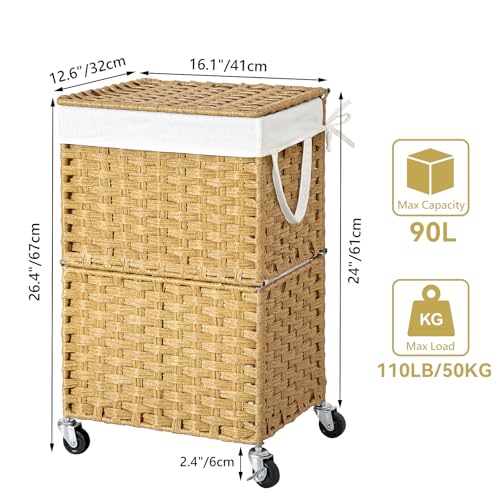 Chrislley Wicker Laundry Basket with Wheels,Rolling Laundry Hamper with Lid - color: Yellow