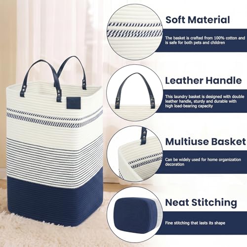 danpinera 100L Nursery Hamper, Tall Woven Laundry Basket with Long Leather Handles, Boho Laundry Hamper for Living Room, Eco-friendly & Convenient Decorative Storage Basket, White & Navy Blue - color: White & Navy Blue, size: 100L Square