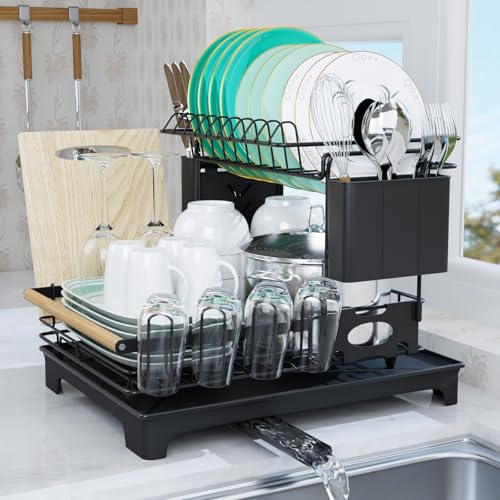 2-Tier Dish Rack Large Capacity Dish Drying Rack for Kitchen Counter Anti-Rust Dish Strainer with Drainboard, Cup Holder, Utensil & Cutting Board Organizer, Heavy Duty Metal, Black - size: 2 Tier Standard