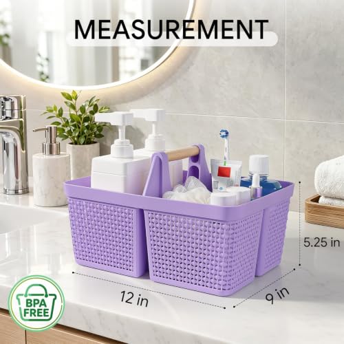 UUJOLY Portable Plastic Shower Caddy Basket with Wooden Handle, Purple - color: Purple