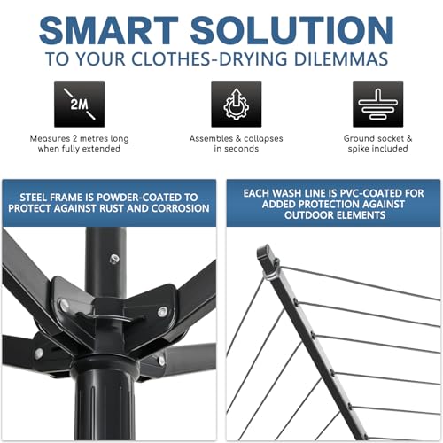 A-xctoe Rotary Outdoor Umbrella Drying Rack Adjustable Height Clothesline w/Waterproof Protective Cover Folding Rotary Dryer with 4-Aluminum Arms and Steel Post | 12-Lines with 165 ft Clothesline
