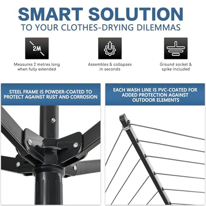 A-xctoe Rotary Outdoor Umbrella Drying Rack Adjustable Height Clothesline w/Waterproof Protective Cover Folding Rotary Dryer with 4-Aluminum Arms and Steel Post | 12-Lines with 165 ft Clothesline