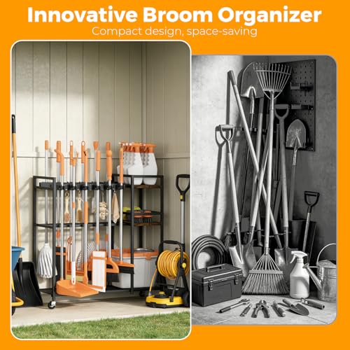 Broom Holder Cleaning Cart with Cleaning Supplies Organizer – 12 Grippers, 8 Hooks, 2 Mesh & 2 Board Racks, Large Grid Base, 4 Wheels – Rolling Storage for Home Laundry Room Organization