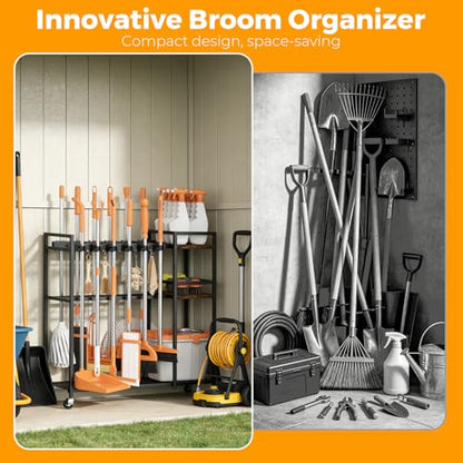Broom Holder Cleaning Cart with Cleaning Supplies Organizer – 12 Grippers, 8 Hooks, 2 Mesh & 2 Board Racks, Large Grid Base, 4 Wheels – Rolling Storage for Home Laundry Room Organization