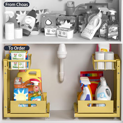 Saydear 2-Pack L-Shaped Under Sink Organizer, 2-Tier Pull-out Cabinet Rack - color: Gold V2.0, size: 2 Pack