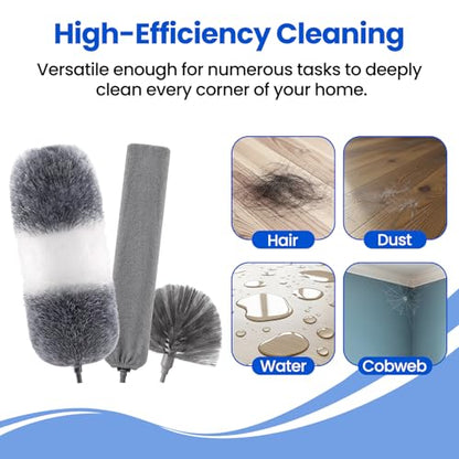 Extra-Long Dusters Kits with Extension Pole, Cobweb Duster, Microfiber Dusting Clothes for Gap, 5 in 1 Cleaning Tools with Extendable Long Handle, Blinds, High Ceilings and Fans, Cars and Furniture