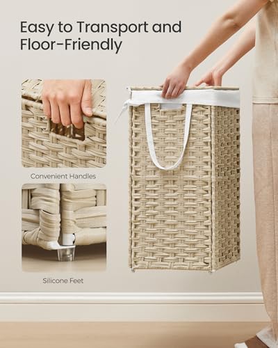 SONGMICS Laundry Hamper with Lid, 23.8 Gal (90 L) Synthetic Rattan,Foldable - color: Summer Sand, size: 90 L