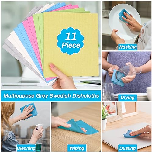 Lucomb 11 Pack Swedish Dish Cloths for Kitchen, Highly Absorbent Reusable Dishcloth Towels Cellulose Sponge Kitchen Rags for Drying Dishes Wiping Surfaces, Dishwasher Safe - color: 11 Pack- Multicolor