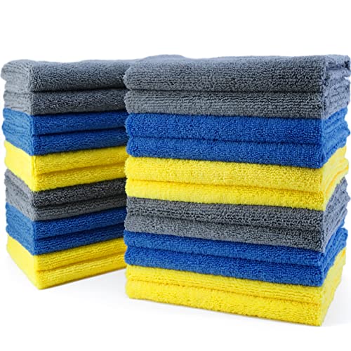 POLYTE Microfiber Cleaning Towel Ultrasonic Cut Edgeless, 16x16 in, 24 Pack - color: Blue,gray,yellow