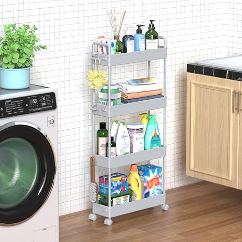 SOLEJAZZ Slim Rolling Storage Cart Skinny Bathroom Organizer, 4 Tier, Gray - color: Grey, size: 4-Tier, 4.76"D