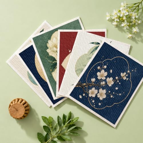 Shwing Swedish Dishcloths for Kitchen 6 Pack Asian Floral Bamboo Lotus Pattern Reusable Paper Towels Kitchen Towels Dish Cloths for Washing Dishes Washable Quick Drying Absorbent Cleaning Cloths - color: Asian Floral