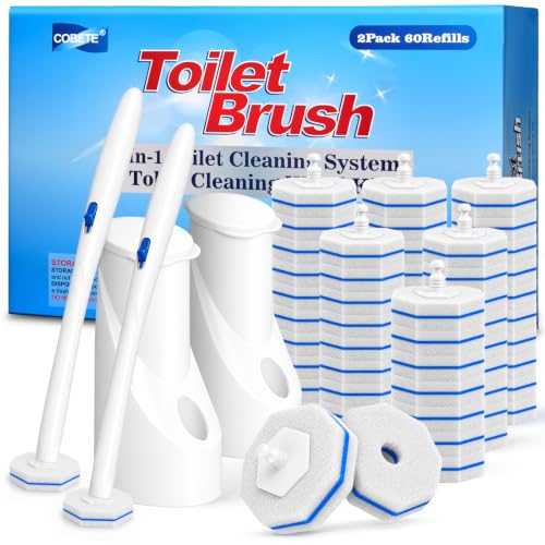 COBETE Disposable Toilet Brush Wand 2 Kit with 60 Refills, Efficient Deep Scrubbing Toilet Bowl Cleaner Wand with Holder for Bathroom Toilet Cleaning