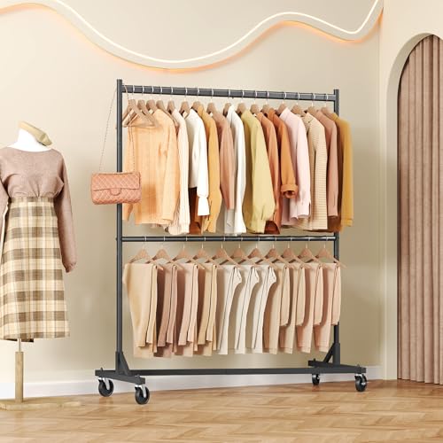Hoctieon Double Rod Z Rack, Rolling Clothes Racks with Z-Base, Adjustable Clothing Rack, Standing Clothes Rack, Metal Clothing Racks for Hanging Clothes, Portable Garment Rack, Black - color: Black (1 Pack)