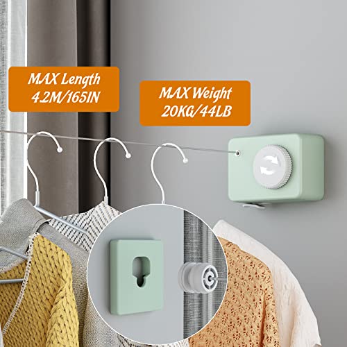 Retractable Clothesline Indoor, Non-Sagging Clothes Line Retracting Outdoors, Wall Mounted Clothes Line Outdoors Set,13.8 Ft Heavy-Duty Retractable Laundry Line,Light Green - size: Green