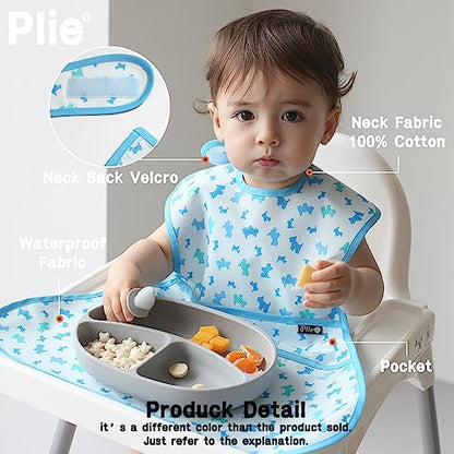 Plie Full Coverage Waterproof Feeding Bib for Toddlers – Extra Long Apron Bib for Mealtime, Self-Feeding, High Chairn - color: Baby Blue/Dot