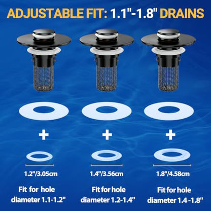 Bathroom Sink Drain Strainer, Pop-Up Bathroom Sink Stopper with Removable Stainless Steel Hair Catcher Basket, Universal Fit for US Bathroom Sinks, Showers & Floor Drains (2pcs-Black) - color: 2pcs-black