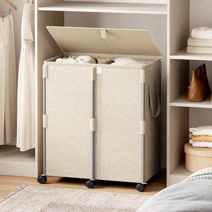 140L Double Laundry Hamper with Lid and 6 Wheels, Rolling Laundry Basket - color: Beige, size: 140l(24.8"l X 14.2"w X 26"h)