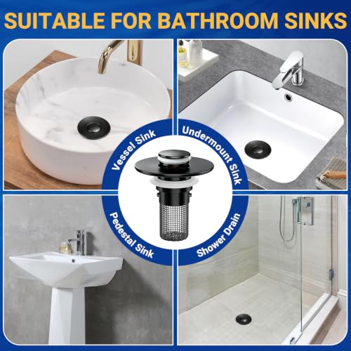 Bathroom Sink Drain Strainer, Pop-Up Bathroom Sink Stopper with Removable Stainless Steel Hair Catcher Basket, Universal Fit for US Bathroom Sinks, Showers & Floor Drains (2pcs-Black) - color: 2pcs-black