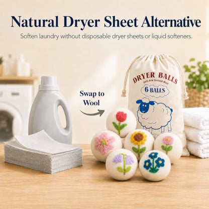Wool Dryer Balls 6 Pack, New Zealand, Reusable Natural Fabric Softener - color: White-flower