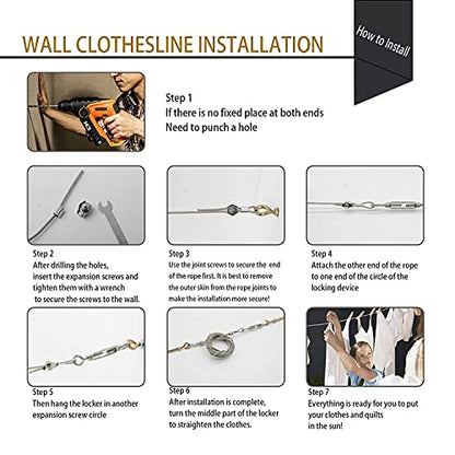 MHY 16Ft Heavy Clotheslines,Outdoors 304 Stainless Steel Clothes Line,Heavy Duty Cable Wire Rope with Retractable System，Windproof Clothes Rope for Outdoor/Indoor/Home/Drying/Curtain Hanging - size: 16ft