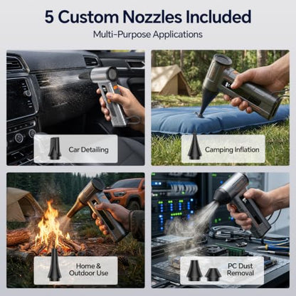 HHJ BC07 Electric Air Duster, 150,000 RPM, 20W PD Fast Charging, 30W Power Output, 4 Speeds & 5 Nozzles, LED＆SOS Light, Compressed Air Duster Alternative for PC, Keyboard, Car, Home & Outdoor