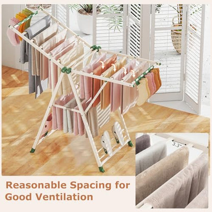 GIANTEX Foldable Metal Clothes Drying Rack, 55.5" Height Adjustable Wings - color: Beige, size: 55.5"L x 39"-58"H