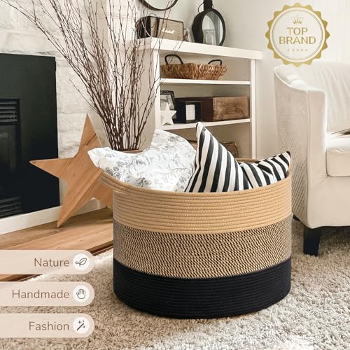 INDRESSME XXXLarge Woven Rope Blanket Basket Living Room, 90L - color: Camel Mix & Black, size: 21.7"D x 13.8"H