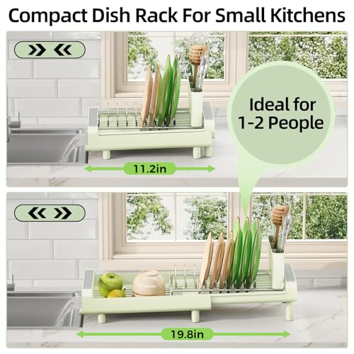 TOOLF Small Dish Drying Rack, Expandable and Space-Saving, Grayish Green - color: Soft Celery Green