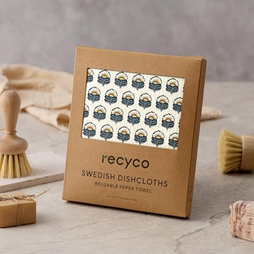 RECYCO Swedish Dishcloths for Kitchen | 5 Pack Indigo Petals Washable Dish Rags | Cellulose Reusable Cleaning Paper Towels | Absorbent Counter Dish Cloth Sponge Kitchen Wipes, 8" L x 7" W - color: Indigo Petals - 5 Pack