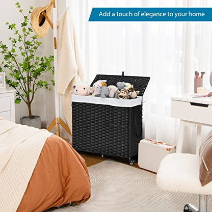 GOFLAME Laundry Hamper with Lid and Wheels, 125L Hand Woven Rattan Laundry Basket with 3 Divided Sections, Handles, 2 Removable and Washable Liner Bags, Dirty Clothes Hamper for Bedroom (Black)
