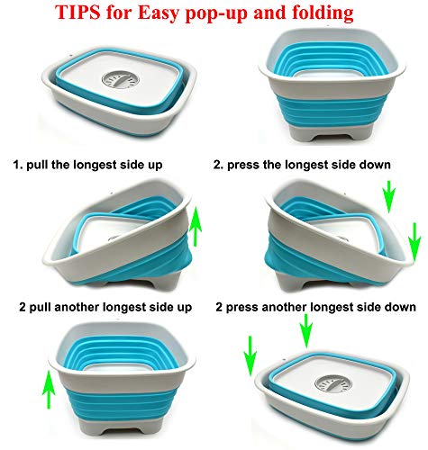 SAMMART 9.1L (2.4Gallon) Collapsible Dishpan with Draining Plug - Foldable Washing Basin - Portable Dish Washing Tub - Space Saving Kitchen Storage Tray (1, Grey/Brigt Blue) - color: Grey/Brigt Blue