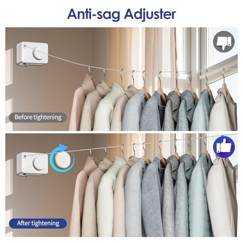 Retractable Clothesline Indoor, Non-Sagging Clothes Line Retracting Outdoors,13.8Ft Heavy Duty Clothes Drying Laundry Line, Wall Mounted Clothesline with 5pcs Hooks (RectangleWhite) - color: White-13.8ft
