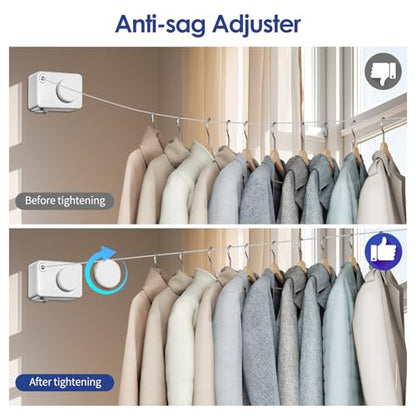Retractable Clothesline Indoor, Non-Sagging Clothes Line Retracting Outdoors,13.8Ft Heavy Duty Clothes Drying Laundry Line, Wall Mounted Clothesline with 5pcs Hooks (RectangleWhite) - color: White-13.8ft