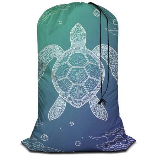 Swono Sea Turtle Laundry Bags for Travel, Home, Camping and Gym Water Bubble Seaweed Sea Life Laundry Hamper Basket 28" x 40", Football Grid Oxford Cloth - color: Sea Turtle