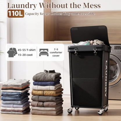 Laundry Hamper with Wheels and Lid, 110L Large Rolling Laundry Basket Black - color: Black, size: 110L