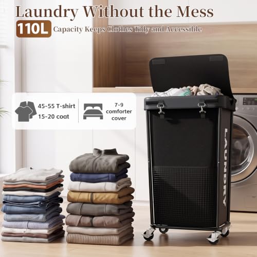 Laundry Hamper with Wheels and Lid, 110L Large Rolling Laundry Basket Black - color: Black, size: 110L