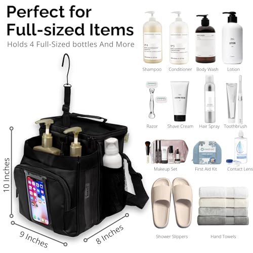 TERRA HOME Portable XL Shower Caddy Bag - College Dorm Room Essentials for Men, Women, Students - Foldable, Water Resistant with Hanging Keychain Hook and Shoulder Strap Shower Organizer Bag (Black) - color: Black
