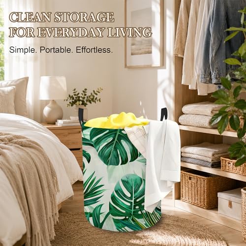 Tropical Leaves Laundry Basket, Green Foliage Collapsible Laundry Hamper Waterproof Oxford Cloth With Handles, Clothes Storage Bucket For Bathroom/Bedroom 16" x 20.8" - color: Tropical Leaves