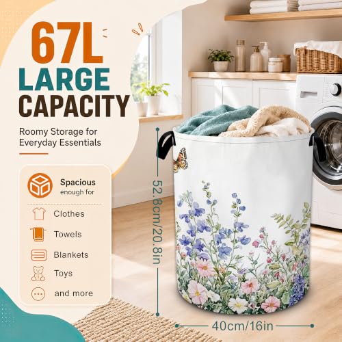 Wildflowers Laundry Basket,Flowers Butterfly Foldable Oxford Laundry Hamper with Handles,Portable Clothes Tote Bag Clothes Storage Bucket Organizer 20.8" x16" For Bathroom/Laundry Storage/Bedroom - color: Wildflowers Flowers Butterfly