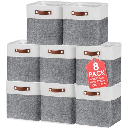 Uiifan 12 x 12 x 12 Inch 8 Pack Fabric Storage Baskets with Handles, Gray - color: Gray, size: 12 x 12 x 12 Inch