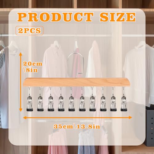 2 Pack Wooden Closet Organizer with 10 Clips, Space Saving Hanging Clothes Hanger, Vintage Wood Clothespins for Jeans Skirts Scarves Hats Socks
