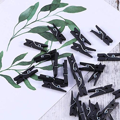 Wooden Clothes Pins, 100pcs 1.3Inch (3.5cm) Black Small Wooden Chip Clips with 33 Feet Jute Twine for Bag Clips Clothespin Bag Clothes Pin Heavy Duty Outdoor(Black) - color: Black