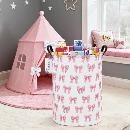 Round Large Pink Bow Print Waterproof Laundry Hamper - color: Round Pink Knot