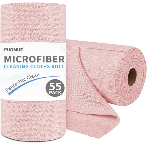 Puomue 55 Pack Microfiber Cleaning Cloth Roll, Tear Away Reusable Paper Towels, 11" x 9", Ultra Absorbent & Lint Free Microfiber Cloth for Cleaning Cars, Kitchen, Window, Home and Shop, Pink - color: Pink, size: 9”x11”-55PK