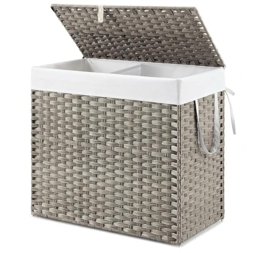 NEWBULIG Laundry Hamper with Lid, 29 Gallon (110L) Wicker Clothes Basket, Double Woven Clothes Basket Organizer for Bedroom, Bathroom & Laundry Room, Grey - color: Grey, size: 29 Gal