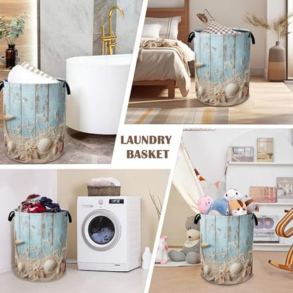 Large Laundry Basket,Beach Seashell Starfish Collapsible Laundry Baskets,Blue Wooden Waterproof Oxford Hamper with Handles for Bathroom Bedroom Nursery Home Storage 16"x20" - color: Beach Seashell Starfish,Blue Wooden