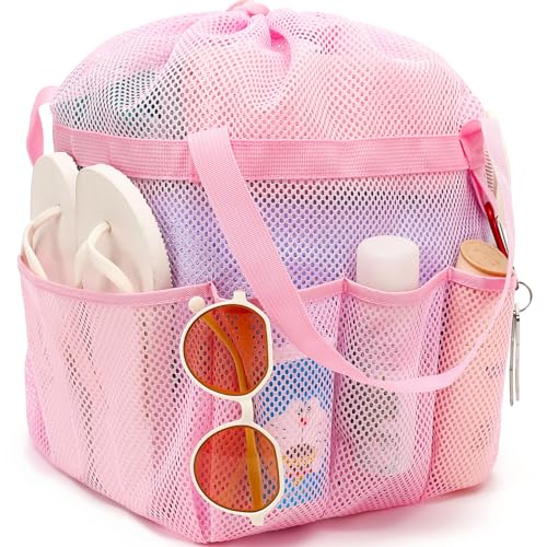 Fammart Mesh Shower Caddy Portable with Drawstring, Dorm Room Essentials for College Girls Guys, 8-Pocket Extra Large Shower Bag Basket Tote for Camping Beach Gym Travel Toiletry Bathroom - color: Pink, size: Drawstring Closure