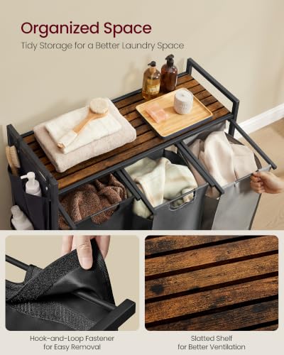 VASAGLE Laundry Hamper with Shelf, 3 Pull-Out Bags, 3 x 10.6 Gallons (40 L) - color: Tricolor + Rustic Brown, size: 3 Bags - 120 L