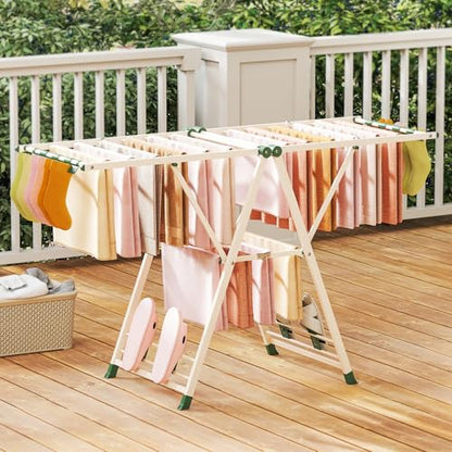 GIANTEX Foldable Metal Clothes Drying Rack, 64" Height Adjustable Wings - color: Beige, size: 64"L x 39"-62"H